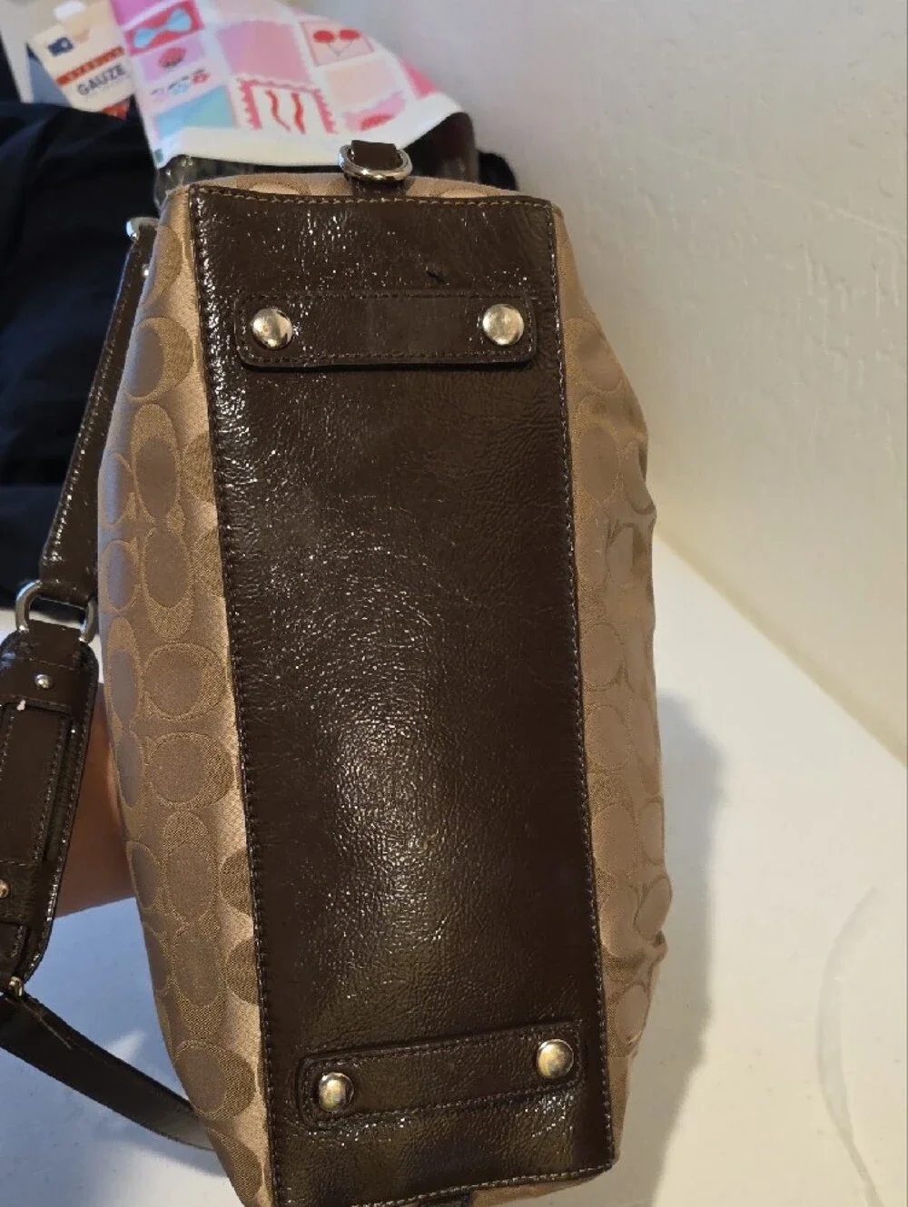 Coach Tan Signature Satchel with Dark Brown Patent Trim